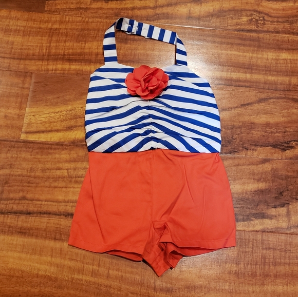 Janie and Jack NWT 12-18 months blue/white/orange romper, matching sunhat - Picture 2 of 8